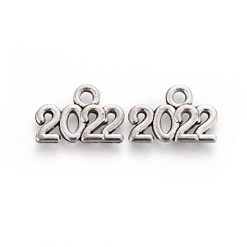 Tibetan Style Zinc Alloy Charms, New Year 2022, Antique Silver, 14.3x9.5x1.5mm, Hole: 1.6mm