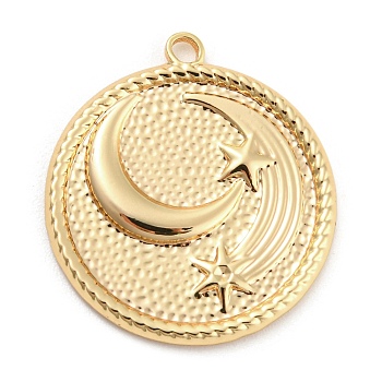 Brass Pendants, Flat Round with Moon & Star Charm, Real 18K Gold Plated, 25.5x23x2mm, Hole: 1.6mm