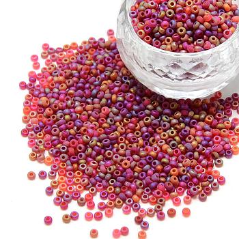 12/0 Grade A Round Glass Seed Beads, Transparent Frosted Style, AB Color Plated, Dark Red, 2x1.5mm, Hole: 0.8mm, about 30000pcs/bag