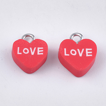 Handmade Polymer Clay Charms, with Iron Findings, Heart with Love, Platinum, For Valentine's Day, Red, 12~13x10~10.5x4~4.5mm, Hole: 1.8mm