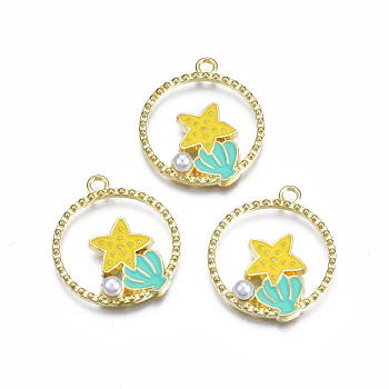 Alloy Enamel Pendants, ABS Plastic Imitation Pearl, Cadmium Free & Lead Free, Flat Round with Star, Gold, 25.5x22x4.5mm, Hole: 2mm