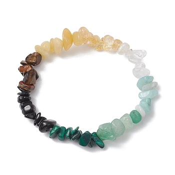 Chakra Natural Green Aventurine & Citrine & Tiger Eye & Obsidian & Quartz Crystal & Flower Amazonite & Topaz Jade Chip Beaded Stretch Bracelets, Inner Diameter: 2-1/4 inch(5.6cm)