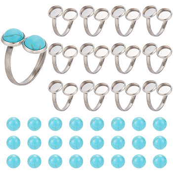 DIY Flat Round Cuff Ring Making Kit, Including 201 Stainless Steel Pad Ring Setting, Synthetic Turquoise Cabochons, Stainless Steel Color, 36Pcs/box