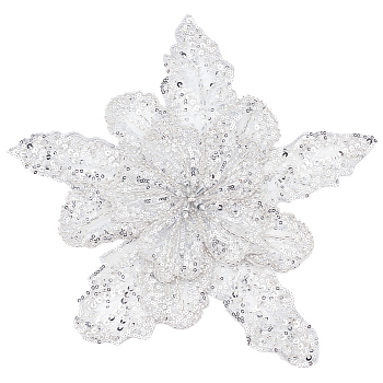 MAYJOY 1Pc 3D Flower Polyester Embroidery Ornament Accessories, Applique Patch, Sewing Craft Decoration, with Paillette, Silver, 298x302x7mm