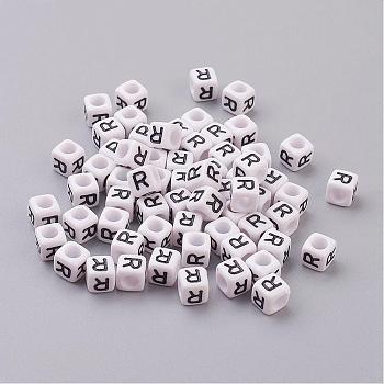 Acrylic Horizontal Hole Letter Beads, Cube, White, Letter R, Size: about 6mm wide, 6mm long, 6mm high, hole: about 3.2mm, about 2600pcs/500g