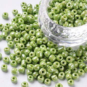 Glass Seed Beads, Opaque Colors Lustered, Round, Green Yellow, 4mm, Hole: 1.5mm, about 1000pcs/100g