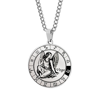 Unisex 201 Stainless Steel Constellation Pendant Necklaces, with Curb Chains, Laser Engraved Pattern, Flat Round, Virgo, 13.19 inch(335mm) 