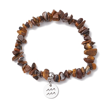 Natural Tiger Eye Chip Beaded Stretch Bracelets, 304 Stainless Steel Aquarius Charm Braceletds for Women, Inner Diameter: 1-7/8~2-1/4 inch(4.8~5.7cm)