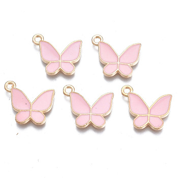 Alloy Enamel Pendants, Cadmium Free & Lead Free, Butterfly, Light Gold, Pink, 15x17x2mm, Hole: 1.6mm