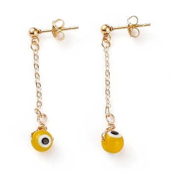 304 Stainless Steel Dangle Stud Earrings, with Ear Nuts, Brass Cable Chains and Handmade Evil Eye Lampwork Round Beads, Golden, Yellow, 40mm, Pin: 1mm