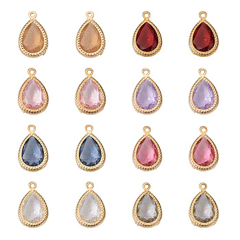 48Pcs 8 Colors  Faceted Resin Rhinestone Pendants, with Golden Tone Brass Settings, Teardrop, Mixed Color, 17.5x11.5x5.5mm, Hole: 1.4mm, 6pcs/color
