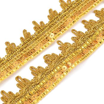 Sparkle Metallic Sequin Polyester Lace Trim, Single Edge with Waved Trimming, Gold, 30~31x1mm, about 14.22 Yards(13m)/Card