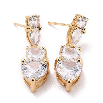 Heart Sparkling Cubic Zirconia Dangle Stud Earrings for Her, Brass Micro Pave Cubic Zirconia Earrings, Real 18K Gold Plated, 29x9x6mm, Pin: 0.8mm