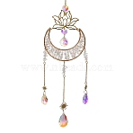 Moon Natural Quartz Crystal Chips Hanging Suncatcher, Metal Lotus and Glass Teardrop Charms for Window Prism Wall Decor, 550x100x20mm(GG-CBAB970-02A)