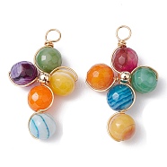 Natural Agate Dyed Faceted Round Pendants, Eco-Friendly Light Gold Plated Copper Wire Wrapped Cross Charms, Colorful, 35x22x9mm, Hole: 4mm(PALLOY-JF02232)