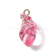 Transparent Resin Pendants, Anatomical Heart Charms, with Golden Plated Iron Loops, Hot Pink, 20.5~21.5x11.5x11mm, Hole: 2mm(RESI-E028-01G-06)