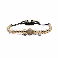 Synthetic Non-magnetic Hematite Braided Bead Bracelets, Adjustable 10mm Ball Brass Mico Pave Cubic Zirconia Bracelets for Women Men, Light Gold Plated(KJ6464-1)