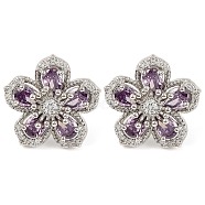 Cubic Zirconia Flower Stud Earrings, Rack Plating Brass Jewelry for Women, Platinum, Purple, 19x19.5mm(EJEW-I304-16P-03)