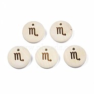 Laser Out Wood Pendants, Flat Round with 12 Constellations, Undyed, Scorpio, 15x4mm, Hole: 1.6mm(WOOD-S053-51A)