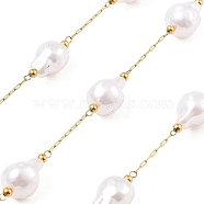 Ion Plating(IP) 304 Stainless Steel Paperclip Chains, Soldered, with ABS Imitation Pearl Beads, Oval, Real 18K Gold Plated, 11x9x8.5mm, about 16.40 Feet(5m)/Roll(CHS-P018-03H-G)
