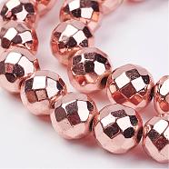 Non-magnetic Synthetic Hematite Bead Strands, Faceted, Round, Rose Gold Plated, 10mm, Hole: 1.5mm, about 43pcs/strand, 15.7 inch(G-P262-25-10mm-RRG)
