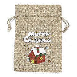 Christmas Printed Burlap Packing Pouches Drawstring Bags, Rectangle, Tan, House, 14x10x0.01cm(ABAG-Q053-02A-08)