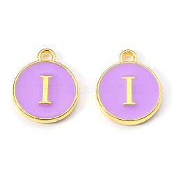Golden Plated Alloy Enamel Charms, Enamelled Sequins, Flat Round with Letter, Medium Purple, Letter.I, 14x12x2mm, Hole: 1.5mm(ENAM-S118-10I)