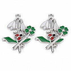 Alloy Pendants, with Enamel and Rhinestone, Platinum, Flower with ladybird, Creamy White, 34x27x3mm, Hole: 1.8mm(PALLOY-N153-13-RS)