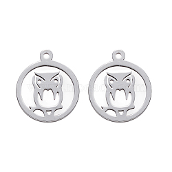 201 Stainless Steel Pendants, Laser Cut, Ring with Owl, Stainless Steel Color, 16.5x14x1mm, Hole: 1.2mm(STAS-N092-104)