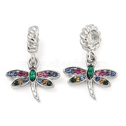 Rack Plating Alloy Pave Colorful Rhinestone Insect European Dangle Charms, Large Hole Pendants, Platinum, Cadmium Free & Nickel Free & Lead Free, Dragonfly, 26mm, Hole: 5.2mm, Dragonfly: 16x18.5x3mm(FIND-B034-14P-02)