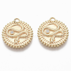 Brass Micro Pave Cubic Zirconia Pendants, Nickel Free, Flat Round with Snake, Clear, Real 18K Gold Plated, 18x16.5x2mm, Hole: 1.4mm(X-KK-R130-006G-NF)