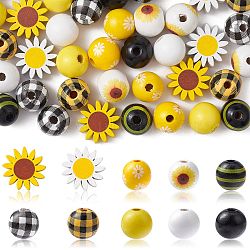 50Pcs 10 Styles Sunflower Theme Printed Wood Beads, Dyed, Round & Flower, Mixed Color, 15~21.5x8~15mm, Hole: 3~5mm, 5pcs/style(WOOD-CJ0001-78)