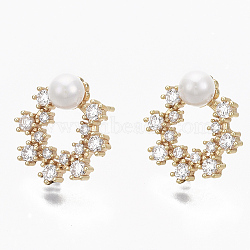 Brass Micro Pave Clear Cubic Zirconia Stud Earrings, with Acrylic Imitation Pearl, Nickel Free, Flower, Real 18K Gold Plated, 15x14mm, Pin: 0.7mm(KK-R132-073-NF)