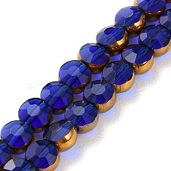 Electroplate Glass Beads Strands, Faceted, Flat Round, Medium Blue, 4x3mm, Hole: 0.8mm, about 74~75pcs/strand, 11.61''(29.5cm)(EGLA-A040-01G)