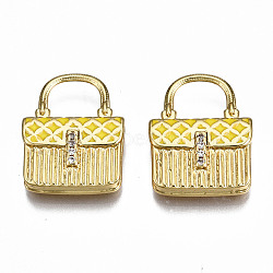 Brass Micro Pave Cubic Zirconia Enamel Pendants, Nickel Free, Real 16K Gold Plated, Bag, Yellow, 20x15.5x4mm, Hole: 6.5x8mm(ZIRC-Q200-020D-NF)