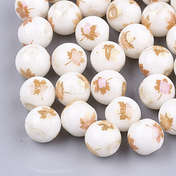 Autumn Theme Electroplate Glass Beads, Round with Maple Leaf Pattern, Sandy Brown, 8~8.5mm, Hole: 1.5mm(EGLA-S178-10H)