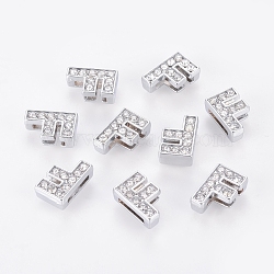 Alloy Initial Slide Charms with Grade A Rhinestones, Lead Free & Nickel Free, Platinum, Letter.F, 12~13x8~13x4~5mm, Hole: 8x2mm(ALRI-R032-F-FF)