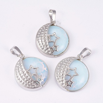 Opalite Pendants, with Brass Findings, Flat Round with Star, Platinum, 26x23x9mm, Hole: 5x7mm