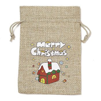 Christmas Printed Burlap Packing Pouches Drawstring Bags, Rectangle, Tan, House, 14x10x0.01cm