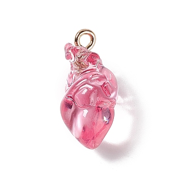 Transparent Resin Pendants, Anatomical Heart Charms, with Golden Plated Iron Loops, Hot Pink, 20.5~21.5x11.5x11mm, Hole: 2mm