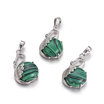 Synthetic Malachite Pendants, with Platinum Tone Brass Findings, Swan, 30.8x18.8x8.5mm, Hole: 7x5mm