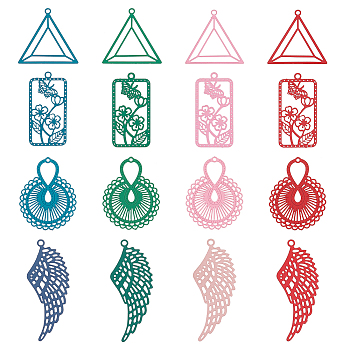 64Pcs 16 Style 430 Stainless Steel Filigree Pendants, Spray Painted, Etched Metal Embellishments, Mixed Shapes, Mixed Color, 20~35x13~20.5x0.4~0.5mm, Hole: 0.9~1.5mm, 4pcs/style