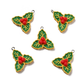 Opaque Resin Pendants, with Platinum Tone Iron Loops, Christmas Theme, Fruit with Leaves, Colorful, 27x24x8mm, Hole: 2mm