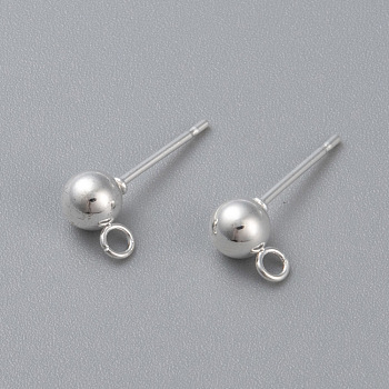 304 Stainless Steel Ball Stud Earring Post, Earring Findings, with Loop, Round, Silver, 16x5mm, Hole: 1.8mm, Pin: 0.8mm, Round: 5mm