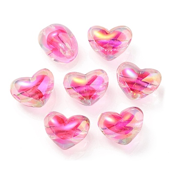 Two Tone UV Plating Transparent Acrylic European Beads, Large Hole Beads, Heart, Deep Pink, 14.5x18.5x14mm, Hole: 4mm