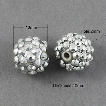 12MM Silver Bling Chunky Resin Rhinestone Ball Beads, 12x10mm, Hole: 2mm