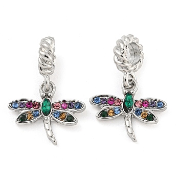 Rack Plating Alloy Pave Colorful Rhinestone Insect European Dangle Charms, Large Hole Pendants, Platinum, Cadmium Free & Nickel Free & Lead Free, Dragonfly, 26mm, Hole: 5.2mm, Dragonfly: 16x18.5x3mm