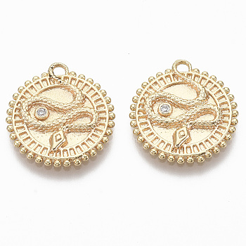 Brass Micro Pave Cubic Zirconia Pendants, Nickel Free, Flat Round with Snake, Clear, Real 18K Gold Plated, 18x16.5x2mm, Hole: 1.4mm