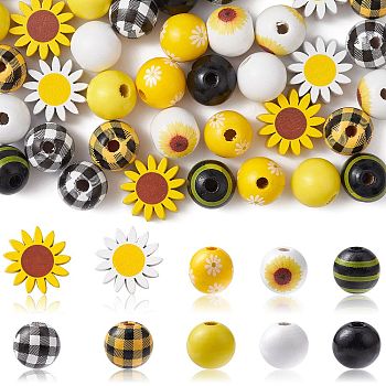 50Pcs 10 Styles Sunflower Theme Printed Wood Beads, Dyed, Round & Flower, Mixed Color, 15~21.5x8~15mm, Hole: 3~5mm, 5pcs/style