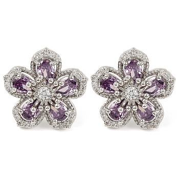 Cubic Zirconia Flower Stud Earrings, Rack Plating Brass Jewelry for Women, Platinum, Purple, 19x19.5mm